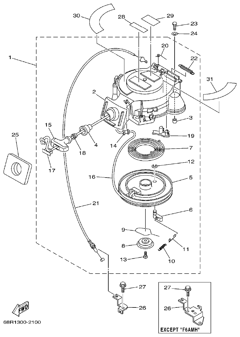 Yamaha F6A, F6B, F8C STARTER parts diagram
